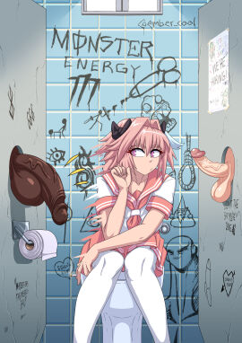 1femboy 3boys astolfo_(fate) balls big_balls big_penis clothing dark-skinned_male dark_skin ember_cool fat_cock fate/grand_order fate_(series) femboy girly glory_hole huge_cock imminent_oral light-skinned_femboy light-skinned_male light_skin looking_at_penis male male_only penis penis_size_difference pink-haired_male pink_hair skirt smoking stockings thick_penis toilet trap white_stockings
