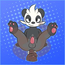 1:1 anthro anus ass balls bear black_body black_fur blue_background blue_border blue_outline border eyebrows feces feces_on_body feces_on_ground feces_on_tail feces_pile fur generation_6_pokemon genitals giant_panda grey_body grey_fur hand_on_ground head_tuft hi_res legs_up looking_at_viewer male male_pooping narrowed_eyes nintendo outline pancham panda pattern_background pawpads penis pink_pawpads pokemon pokemon_(species) pooping_on_floor raised_eyebrows ritzcat scat scatplay short_tail simple_background smile smiling_at_viewer solo spread_legs spreading stink_fumes tail tuft white_body white_fur