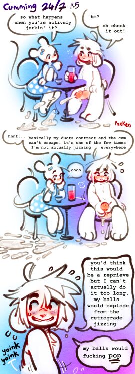 absurd_res accessory anthro blush bodily_fluids bow_ribbon chair clothing comic container cum cum_on_ground cum_splatter cup dialogue dress duo endless_cum endless_orgasm english_text excessive_cum excessive_genital_fluids female furniture genital_fluids genitals glass hair_accessory hair_ribbon hairbow hi_res lagomorph leporid male male/female mammal masturbation mouse murid murine nude panken penis profanity public public_masturbation rabbit ribbons rodent smile sweat table text unstoppable_orgasm