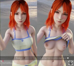 blush breasts cissnei english_text final_fantasy_vii_remake navel nipples red_hair selfie