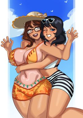 2025 2girls areola_slip areolae artist_name artist_signature belly_button big_breasts bikini birds black_hair blue_eyes blush bra breast_grab breasts brown_eyes brown_hair cleavage clouds collarbone commission couple eyebrows eyebrows_visible_through_hair female female_only floral_print glasses grabbing_another's_breast grabbing_from_behind hat long_hair looking_at_another looking_at_partner looking_away one_eye_closed open_mouth orange_bikini_top orange_clothing original_character original_characters outdoors roblox robloxian short_hair sky smile spicyramen_(ramieramen1) standing stomach striped_bikini striped_clothing striped_swimsuit sun_hat sunglasses sunglasses_on_head surprised swimming_pool swimsuit tan-skinned_female tan_skin tanline teeth teeth_showing thick_thighs thighs tongue waist_accessory watermark white_bikini_top yuri