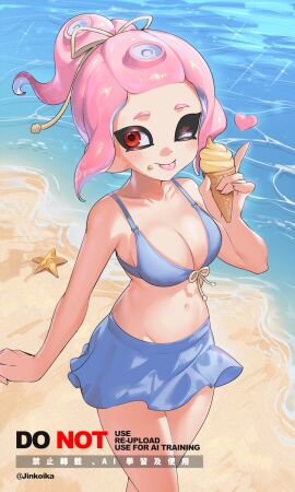 1girls bikini bikini_top breasts cleavage female ice_cream jinkoika nintendo octoling octoling_girl splatoon splatoon_(series) splatoon_3 swimwear teasing twitter_link wink winking_at_viewer