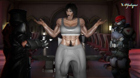 3d bulge bulge_through_clothing clothed fareeha_amari futanari hairy hands_up male muscular_futa overwatch pharah pubic_hair pubic_hair_peek reaper yeetiques