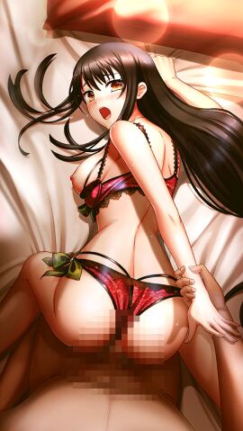1boy all_fours bare_arms bed_sheet black_hair bra bra_pull breasts brown_eyes censored clothes_pull clothing_aside doggy_style doukyuusei doukyuusei_another_world female from_above game_cg holding_another's_wrist large_breasts lens_flare long_hair looking_at_viewer looking_back male mosaic_censoring multi-strapped_panties nipples official_art open_mouth panties panties_aside penis pov red_bra red_panties sex sex_from_behind shoulder_blades solo_focus straight straight_hair todo_aoi underwear underwear_only very_long_hair