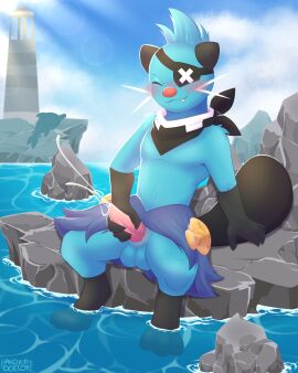 absurd_res andyocelot anthro blue_body blue_fur blush bodily_fluids closed_eyes cum dewott ejaculation eye_patch eyewear fur generation_5_pokemon genital_fluids genitals hi_res lighthouse male male_only masturbation nintendo penile penile_masturbation penis pokemon pokemon_(species) sea seaside solo spearmint_iv_the_dewott tapering_penis water