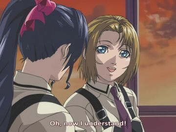 00s 2002 2girls animated arms_crossed bible_black bible_black_gaiden black_thighhighs blonde_hair blue_eyes blush bouncing_breasts bra bra_lift bra_pulled_up breasts classroom closed_eyes clothes_pull clouds cloudy_sky covering_breasts desk drill_hair drill_ponytail english_subtitles english_text female female_focus grabbing_another's_breast groping groping_breast head_grab kissing kitami_reika kozono_nami large_breasts leg_grab legs multiple_girls necktie nipple_stimulation nipples open_clothes opening_another's_clothes pinching_nipple ponytail purple_hair red_skirt red_sky removing_bowtie removing_necktie resistance saliva saliva_string saliva_trail school school_uniform shirt shirts short_hair sitting skirt sound squeezing_nipple sunset suspenders sweat tagme thighhighs underwear undressing unworn_bra video white_bra white_shirt window yuri