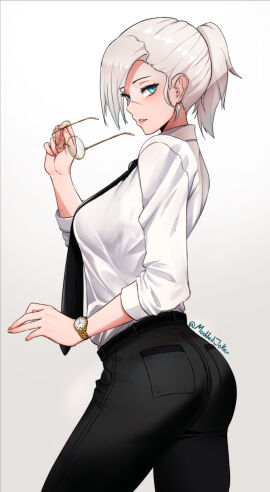 1girls ass blue_eyes business_suit business_woman dress_shirt female female_focus female_only glasses hair_up moddedjoker office_clothing office_lady ponytail rwby scar solo suit tagme tie tight_pants watch white_hair winter_schnee woman_in_suit
