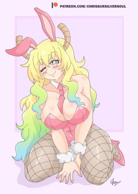 1girls big_breasts black_thighhighs blonde_hair blush breasts breasts_bigger_than_head bunny_ears bunny_girl bunnysuit chrissursilversoul cleavage closed_eyes clothing female female_only hair hips horns huge_breasts legwear long_hair mature mature_female miss_kobayashi's_dragon_maid on_knees quetzalcoatl_(dragon_maid) seductive seductive_eyes seductive_look seductive_pose seductive_smile smile solo solo_female thick_thighs thighs two-tone_hair wide_hips