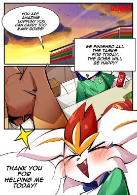 1boy 1girls blush bunny_ears bunny_girl cinderace color comic english_text female furry game_freak hi_res lopunny male male/female male_cinderace nintendo page_1 pokemon pokemon_(species) pokemon_ss pokémon_(species) sirkerner tagme text text_bubble thick_thighs