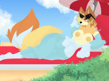 4:3 absurd_res anthro australian_cattle_dog beach beach_background beach_chair beach_umbrella blue_body blue_eyes blue_fur bluey_(series) canid canine canis cattledog cloud detailed_background domestic_dog ears_up eyewear eyewear_on_head female female_only fluffy fluffy_ears fluffy_tail fur genitals hair herding_dog hi_res long_tail lying mammal multicolored_body multicolored_fur nipples on_side orange_body orange_fur parasol pastoral_dog pawpads paws plant pussy radley_heeler relaxing rule_63 sand short_hair shrub sky skyscape slightly_chubby slightly_chubby_anthro slightly_chubby_female smile smiling_at_viewer solo sunbathing sunglasses sunglasses_on_head tail tan_body tan_fur thick_thighs tsukipaw