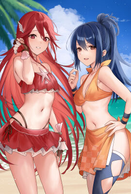 2girls alternate_costume bare_midriff bare_shoulders beach bikini blue_hair cleavage confident confident_smile cordelia_(fire_emblem) female female_only fingerless_gloves fire_emblem fire_emblem_awakening fire_emblem_fates fire_emblem_heroes hair_ornament hand_in_hair hand_on_hip haru_(nakajou-28) human human_only midriff nintendo oboro_(fire_emblem) ocean official_alternate_costume orange_bikini orange_eyes orange_swimsuit pose posing red_bikini red_eyes red_hair red_swimsuit smile smiling smiling_at_viewer swimsuit thighs