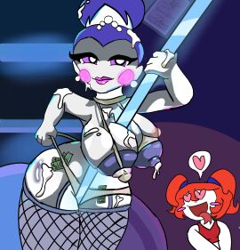 2girls baby_(fnafsl) ballora ballora_(fnafsl) big_breasts big_thighs breasts circus_baby circus_baby_(fnaf) cum cum_on_body cum_on_breasts cum_on_face cum_on_hair cum_on_thighs female female/female fishnets five_nights_at_freddy's fnaf fnafsl heart_eyes hourglass_figure lactating lactation milk money_in_thong pole pole_dancing prostitution public public_exposure stripper_pole
