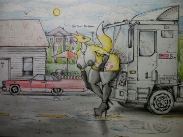 anthro areola armwear bandai_namco big_breasts boysa_228 breasts canid canine car clothing dialogue digimon digimon_(species) elbow_gloves female fox gloves handwear high_heels legwear looking_back macro nikolai nipples renamon solo thigh_highs truck_(vehicle) vehicle