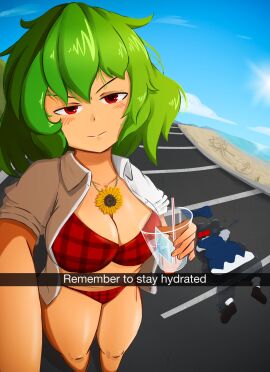 1girls big_breasts bikini blush_lines boobs breasts cirno cleavage cloudykeyz death english_text female female_death glass_cup green_hair jacket light-skinned_female light_skin mature_female meme open_jacket red_eyes safe_for_work solo text thick_thighs thighs touhou yuka_kazami yuuka_kazami
