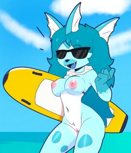 anthro breasts female female_only long_hair mandoy1o1 nipples piercings pokemon pokemon_(species) pussy sky_blue_body sky_blue_hair sunglasses surfboard tusks vaporeon white_belly