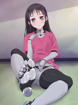 2d absurdres android black_hair boku_no_tsuma_wa_kanjou_ga_nai commentary_request cum cum_on_body cum_on_feet feet female foot_fetish foot_focus full_color grey_eyes highres indoors joints long_hair mina_(my_wife_has_no_emotion) my_wife_has_no_emotion no_penetration on_floor paingoro pink_shirt presenting_foot robot_girl robot_joints shirt solo solo_female spread_legs