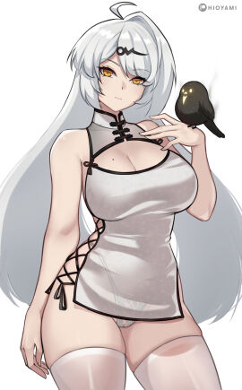 absurdres alternate_costume arm_at_side bird breasts cameltoe china_dress chinese_clothes closed_mouth clothing_cutout commentary cowboy_shot dress english_commentary female hand_up highres hioyami large_breasts long_hair looking_at_viewer mole mole_on_breast paid_reward_available panties pussy see-through_clothes see-through_panties simple_background solo thighhighs underwear white_background white_dress white_hair white_thighhighs yellow_eyes yixuan_(zenless_zone_zero) yunkui_summit zenless_zone_zero