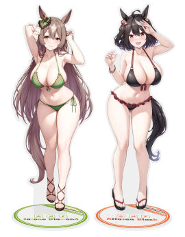 2girls ahoge big_breasts bikini black_hair blush bracelet breasts brown_eyes brown_hair character_name cleavage closed_mouth eyebrows_visible_through_hair feet female female_only hair_between_eyes hair_ornament horse_ears horse_girl horse_tail kitasan_black_(umamusume) large_breasts light-skinned_female light_skin long_hair open_mouth paintcan red_eyes sandals satono_diamond_(umamusume) side-tie_bikini smile streaked_hair swimsuit tail umamusume umamusume_pretty_derby white_background