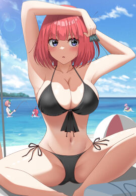 4girls arms_up ball_(object) beach beachball bikini black_bikini black_ribbon blue_eyes blue_sky breasts butterfly_hair_ornament cloud commentary day female fishing_rod go-toubun_no_hanayome hair_ornament hair_ribbon hand_in_own_hair hands_in_hair highres large_breasts multiple_females multiple_girls nakano_ichika nakano_itsuki nakano_nino nakano_yotsuba navel ocean orange_hair outdoors pink_hair poa_mellhen red_hair ribbon short_hair siblings side-tie_bikini_bottom sisters sitting sky solo_focus stomach swimsuit thighs tying_hair