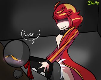 ahoge anal anal_sex ass black_scarf black_wall blush creampie cum_in_ass cumshot curly_hair face_shadow gay gay_sex grey_floor half_dressed half_naked male orange_eyes red_coat red_scarf ruvstyle shirtless_male side_view sweat table tears tears_of_pleasure vzer