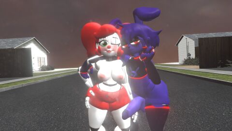 3d bonnie_(fnaf) bottomless breasts circus_baby_(fnaf) exhibitionist female femboy five_nights_at_freddy's fnaf male neighborhood penis playtime_bonnie public_nudity straight summer_of_87_baby topless