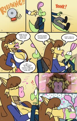 ! bell bell_ringing breasts brown_hair closed_eyes comic commission dialogue dragon dragon_girl dragon_tail dragoness female grabbing grabbing_from_behind green_body green_eyes hand_on_hip jamearts jimmy_(jamearts) jimmy’s_sloppy_life kiss_mark kissing lifting lifting_person lips lipstick_mark lizard_boy lizardman long_hair male male_victim mwah panels pink_kiss_mark pink_lips pink_lipstick pink_lipstick_mark pointy_ears pucker puckered_lips rebecca_(jamearts) ringing_bell saliva saliva_drip school_bell shocked shocked_expression size_difference skirt smooch stuck teacher teacher_and_student teacher_outfit victim victim_anthro victim_male yellow_body yoink