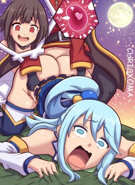 1futa 1girls aqua_(konosuba) aqua_eyes aqua_hair aqua_screaming_(meme) ass bandages bangs bare_shoulders belt black_choker blue_dress blush brown_belt brown_hair cape choker chrisxoma clothed clothed_sex cum cum_in_pussy cum_inside detached_sleeves doggy_style dress duo eyebrows_visible_through_hair female fertilization futa_on_female futanari goddess hair_ornament hair_rings impregnation intersex kono_subarashii_sekai_ni_shukufuku_wo! light-skinned_female light-skinned_futa light_skin long_hair long_sleeves megumin moon open_mouth outdoors panel red_dress red_eyes sex thighhighs vaginal_penetration white_thighhighs