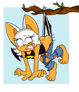 absurd_res anthro barefoot bat batman_logo bodily_fluids bottomwear clothing denim denim_bottomwear denim_clothing embarrassed feet female hanging_from_branch hanging_wedgie hi_res humanoid jeans mammal moexe pain panties pants rouge_the_bat sega solo sonic_(series) sonic_the_hedgehog_(series) tears underwear wedgie