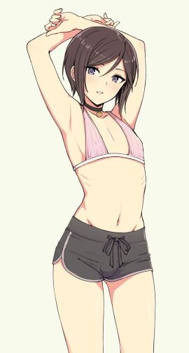 anime anime_style bikini_top brown_hair cute cute_male fair-skinned_male femboy femboy_only male purple_eyes short_hair short_shorts shorts slim smaller_male solo solo_focus solo_male stretching