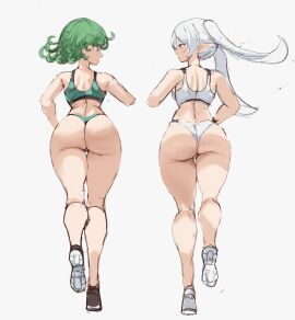 2girls animated ass crossover elf elf_ears female frieren from_behind gif green-haired_female green_eyes green_hair jogging large_ass looking_at_another one-punch_man panties rakeemspoon running short_hair simple_background sneakers sousou_no_frieren sports_bra tagme tatsumaki twintails white_hair
