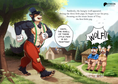 2025 5_fingers anthro areola balls big_bad_wolf big_bad_wolf_(disney) biped black_body black_fur canid canine canis clothed clothing desfrog dialogue disney domestic_pig english_text fairy_tales fingers foreskin fur gay gay_male genitals gloves group handwear hat headgear headwear hi_res humanoid_genitalia humanoid_penis male mammal muscular muscular_anthro muscular_male nipples overweight overweight_anthro overweight_male penis pig plant speech_bubble suid suine sus_(pig) tail text the_three_little_pigs tree uncircumcised wolf yaoi