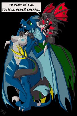 2020 ambiguous_gender anthro apode areola back_wings biped black_background black_body black_sclera blue_body breasts chains claws countershade_torso countershading dialogue digitigrade draconcopode dragon duo ear_frill eye_scar facial_markings facial_scar female frill_(anatomy) fuf genitals head_markings hi_res horn leg_markings legless looking_at_another looking_back looking_back_at_another markings membrane_(anatomy) membranous_frill membranous_wings mythological_creature mythological_scalie mythology navel nipples nude open_mouth pussy red_markings red_sclera scalie scar serpentine sharp_teeth simple_background spade_tail speech_bubble standing tail teeth thigh_markings toe_claws tongue tongue_out white_body white_countershading white_markings wings