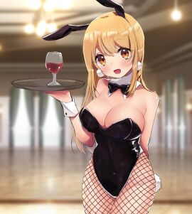 1girls :d alcohol alcoholic_drink blush bow bowtie breasts brown_eyes brown_hair bunny_ears bunny_girl bunny_tail bunnysuit cleavage clothed clothing ear_piercing earrings female female_focus fishnet_legwear fishnets indie_virtual_youtuber indoors large_breasts nekoha_neru nekoha_neru_(artist) open_mouth pierced_ears piercing playboy_bunny revealing_clothes solo solo_focus thighs tray virtual_youtuber vtuber wine wine_glass wrist_cuffs