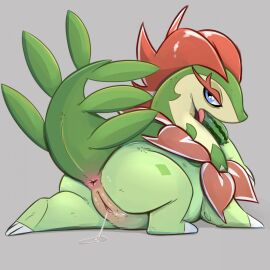 anus ass blue_eyes bodily_fluids broncherry claws dinosaur eating eating_food eating_fruit eating_watermelon elemental_creature female feral flora_fauna food food_in_mouth fruit genital_fluids genitals green_body half-closed_eyes hi_res holding holding_food holding_fruit holding_object holding_object_in_mouth holding_watermelon honeymono melon narrowed_eyes noodlestoat nude open_mouth pal_(species) palworld petals pink_anus pink_pussy plant pocketpair pussy raised_tail red_body reptile sauropod sauropodomorph scalie solo suggestive_food tail toe_claws tongue tongue_out vaginal_fluids watermelon