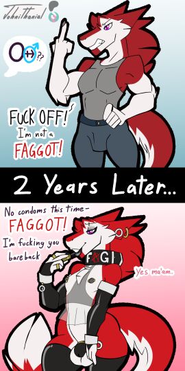 1boy 2koma absurd_res angry anthro anthro_only before_and_after chastity_cage chastity_device clothing collar corruption dialogue domination domination_loss femboy feminine feminization fur gay gay_denial gay_male gesture gloves hand_gesture handwear hi_res homophobic_slur johnithanial legwear lipstick makeup male middle_finger orientation_play original original_character piercing purple_eyes red_body red_fur ring_(jewelry) sergal slow_transformation squatting stated_sexuality straight_to_gay text thick_thighs thigh_highs timeskip transformation wide_hips yaoi