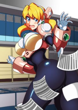 1girls alia ass big_ass big_breasts black_bodysuit blonde_hair blue_eyes blush breasts female kotatuman_dash mega_man mega_man_x robot_girl white_gloves