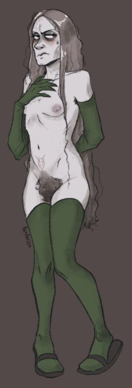 1cuntboy annoyed breasts bush bushy_pubes cuntboy cuntboy_focus cuntboy_only enki_ankarian fear_and_hunger intersex kamkatzen looking_away male male_with_breasts pinup pussy small_breasts stockings