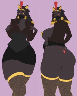 1girls ass big_breasts black_sclera breasts business_attire business_suit cleavage dark_skin egyptian female female_only fishnets glasses hajiramad huge_ass nipple_piercing nipples oc piercing red_nails robot_girl seductive_eyes seductive_look thong ych_result yellow_eyes