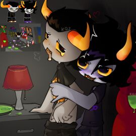 2boys 2d 2d_(artwork) alien alien_humanoid black_hair blush drawing drawn gamzee_makara gay gay_sex grey_skin heart-shaped_pupils homestuck horns kaza_official male masturbation orange_dick orange_horns penis self_upload tavros_nitram