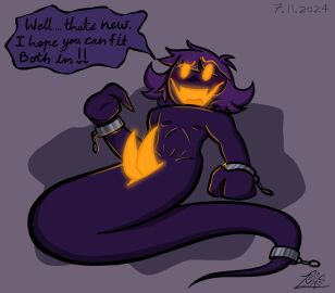 1boy 2_penises a_hat_in_time blush blushing blushing_at_viewer chained_wrists chains diphallia diphallism english_text fangs ghost ghost_boy ghost_tail glowing_eyes glowing_genitalia glowing_penis lily-lilac looking_at_viewer male male_focus male_only multi_genitalia multi_penis orange_mouth orange_penis penis pointing_at_penis purple_body purple_hair purple_skin snake_penis snatcher_(ahit) solid_eyes solo solo_focus solo_male speech_bubble tail talking_to_viewer text text_bubble watermark yellow_eyes