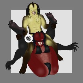 abs angry_face barkkorn bent_forward cameltoe dominant_male exposed_pussy female female_yautja helpless humiliated humiliating humiliation male male/female predator_(franchise) pussy size_difference spladle_hold stretching submission_hold wrestling yautja