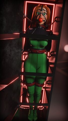1girls 3d armbinder ball_gag bodysuit bondage boxbinder captured captured_heroine chains collar female female_only gag gagged ginger green_eyes highres latex latex_bodysuit lia3d light-skinned_female light_skin long_hair looking_at_viewer orange_hair restrained restrained_arms sam_(totally_spies) serpentorder standing torture_device totally_spies zipper