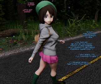1girls 3d backpack beret breasts brown_eyes brown_hair brunette caption dialogue english_text female gloria_(pokemon) green_socks hoodie male male_pov medium_breasts netorare ntr pokemon pokemon_ss pokemon_trainer pov short_hair sic_phuck skirt socks text walking