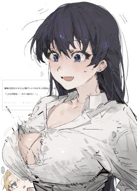 ... 2girls :d absurdres black_hair blonde_hair blue_eyes blush breasts bursting_breasts button_down_shirt button_gap button_pop cleavage collared_shirt commentary_request dress_shirt earrings female flying_button green_eyes highres jewelry large_breasts le_(szs0k) light-skinned_female long_hair looking_at_another motion_lines multiple_females multiple_girls nagi_arato open_mouth popped_button request_inset ruri_no_houseki ruri_rocks shirt small_sweatdrop smear_frame smile solo_focus speech_bubble spoken_ellipsis stud_earrings suprised_look surprised tanigawa_ruri translation_request upper_body wardrobe_malfunction white_background white_hair white_shirt