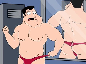american_dad angry ass back_view bubble_ass bubble_butt bulge daddy dilf front_view gay lingerie locker_room male male_only mirror pulling_clothing slightly_chubby solo solo_focus solo_male stan_smith thong undressed