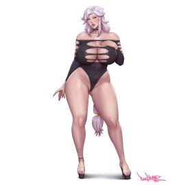 1girls areola_slip breasts female female_only huge_breasts human pinkdrawz revealing_clothes skimpy solo solo_female standing thick_thighs voluptuous white_hair wide_hips