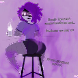 1girls 2d coffee cup dialogue fart fart_fetish female female_only fully_clothed glitch_productions murder_drones purple_background purple_eyes purple_hair robot robot_girl robot_humanoid samkvevo screen_face solo tagme thick_thighs unusual_fart uzi_(murder_drones)