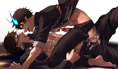 2boys abs anal ao_no_exorcist arm_support ass backless_pants bar_censor bare_pectorals barefoot belt black-framed_eyewear black_hair black_jacket black_pants blue_eyes brother brothers brown_belt buttoned_cuffs buttons censored chinese_commentary collared_jacket commentary_request couple cum cum_in_ass cum_on_body cum_on_penis ejaculation eye_contact floating_clothes gay gay_male glasses handsfree_ejaculation highres incest jacket layered_sleeves looking_at_another lying male male_focus male_penetrated mole multiple_boys multiple_males necktie nipples okumura_rin okumura_yukio on_back open_clothes open_jacket open_mouth open_pants pants pectorals penis pointy_ears saliva saliva_trail sex siblings sleeve_cuffs straddling striped_necktie sweat sweatdrop tail teeth tongue tongue_out twins upper_teeth veins veiny_penis wan_ma_(wanma222) white_background wing_collar yaoi
