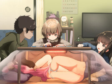 1boy 2girls analog_clock assisted_exposure barefoot basket black_dress black_hair black_hoodie black_pants blanket blouse blue_sweater blush blush_stickers bob-cut_neighbor_girl_(tachiinu) book brown_eyes brown_hair brown_shirt calendar_(object) cleft_of_venus clock closed_eyes closed_mouth closet clothes_pull controller dress eraser faceless faceless_male female foot_on_another's_thigh furoshiki groin heater holding holding_pencil homework hood hood_down hoodie indian_style knee_up kokeshi kotatsu light_brown_hair long-haired_neighbor_girl_(tachiinu) long_hair looking_at_another loose_hair_strand lounging male mechanical_pencil midriff multiple_females multiple_girls navel neighbor_boy_(tachiinu) no_eyes open_book original panties pants pants_pull pantsing panty_pull parted_lips pencil pillow pinafore_dress pink_pants pussy remote_control shirt shouji sitting sleeveless sleeveless_dress sliding_doors stealth_sex studying surprised sweater table tachiinu teasing television under_kotatsu under_the_table underwear undressing_another white_panties writing x-ray