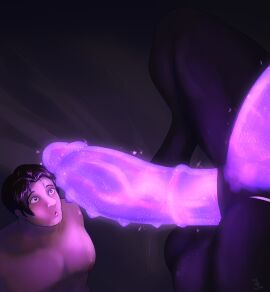 alien balls big_balls big_penis black_body black_hair black_skin brown_eyes desir duo genitals glowing glowing_genitalia glowing_penis hair hi_res himeros_(himeros) huge_balls huge_cock human male male/male mammal medial_ring muscular not_furry penile_spines penis purple_penis size_difference staring_at_penis thedivinetemple